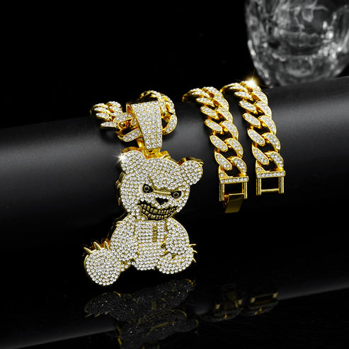 Personalized Grinning Bear Necklace Men's All-Match Full Diamond