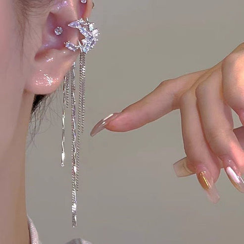 Fashion Elegant Zircon Awn Star Moon Tassel Non-piercing Ear Clip